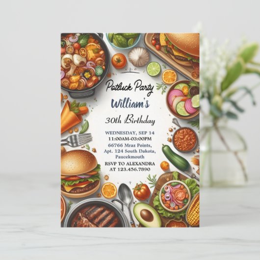 Grillen Taco Koch Soup Potluck Party 30. Geburtsta Einladung (Stehend Vorderseite)