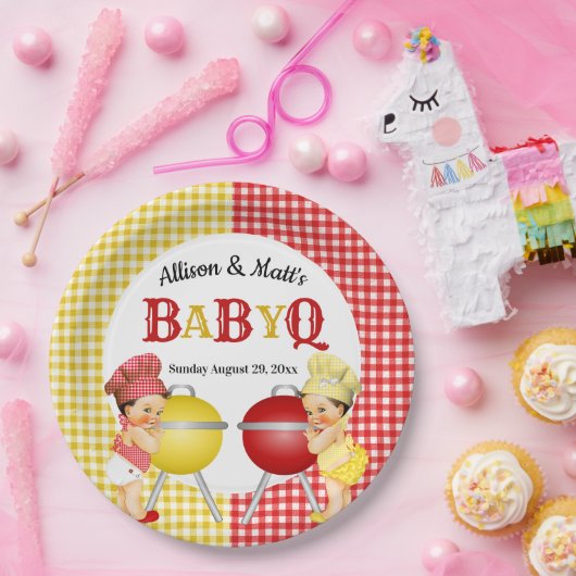 Grillen über das Geschlecht Rot-Gelb-Gingham-Baby Pappteller (Party)