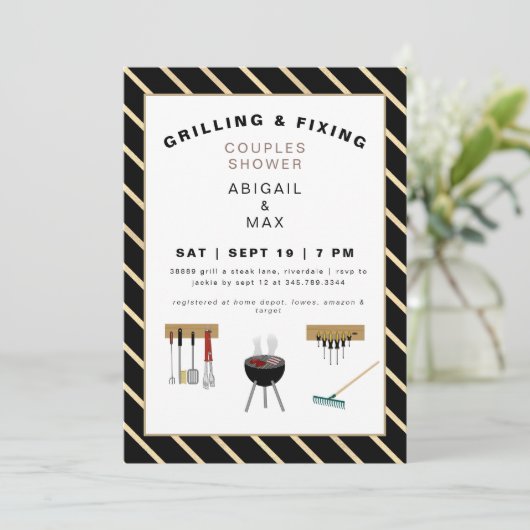 Grillen und Fixieren von Paaren Polterabend II Einladung (Stehend Vorderseite)