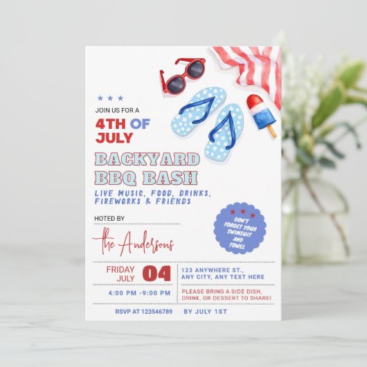 GRILLEN und Pool Party Einladung 4. Juli Hintergru (Stehend Vorderseite)