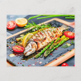 Grillfisch mit Spargel und Tomaten Feiertagspostkarte