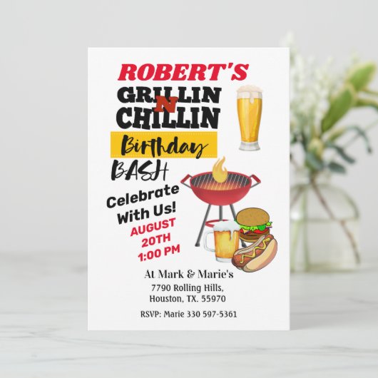 Grillin Chillin Birthday Bash Barbecue Einladung (Stehend Vorderseite)