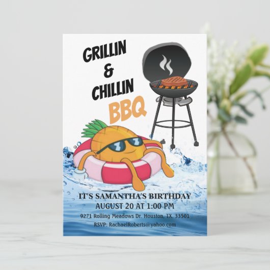 Grillin und Chillin GRILLEN Birthday Pool Party Einladung (Stehend Vorderseite)