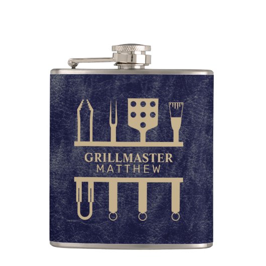 Grillmaster-Name Navy-Lederstruktur Flachmann (Vorderseite)