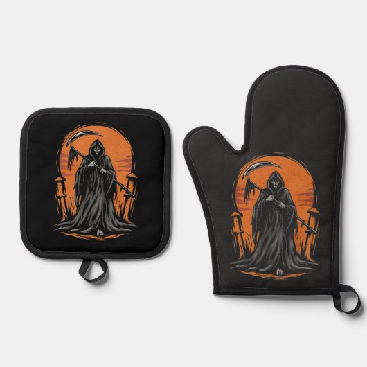 Grim Reaper Cartoon in Sunset Graveyard Ofenhandschuh & Topflappen-Set (Vorderseite)