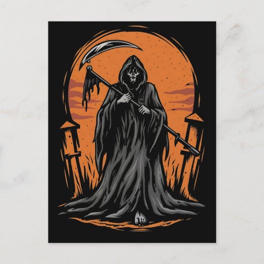 Grim Reaper Cartoon in Sunset Graveyard Postkarte (Vorderseite)