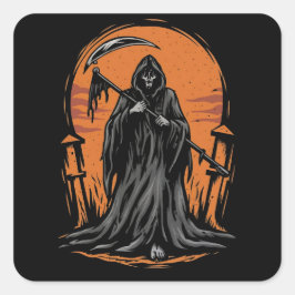 Grim Reaper Cartoon in Sunset Graveyard Quadratischer Aufkleber