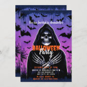 Grim Sensenmann Bats Sky Halloween-Party Einladung (Vorne/Hinten)