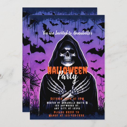 Grim Sensenmann Bats Sky Halloween-Party Einladung (Vorne/Hinten)