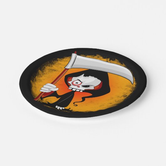 Grim Sensenmann Creepy Funny Cartoon Pappteller (Schrägansicht)