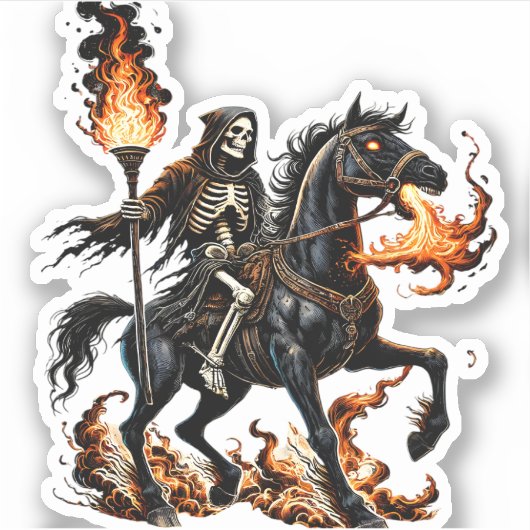 Grim Sensenmann Skeleton Reiten Reiten Flammen Aufkleber (Vorderseite)