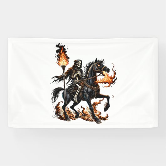 Grim Sensenmann Skeleton Reiten Reiten Flammen Banner (Horizontal)