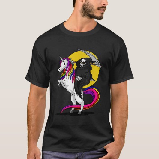 Grim Sensenmann Skeleton Totenrennen Einhorn Hallo T-Shirt (Vorderseite)