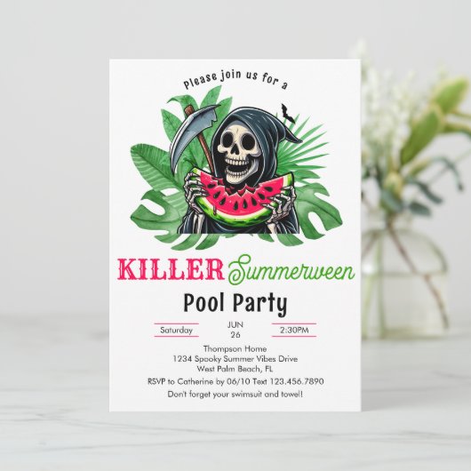 Grim Sensenmann Watermelon Summerween Pool Party Einladung (Stehend Vorderseite)
