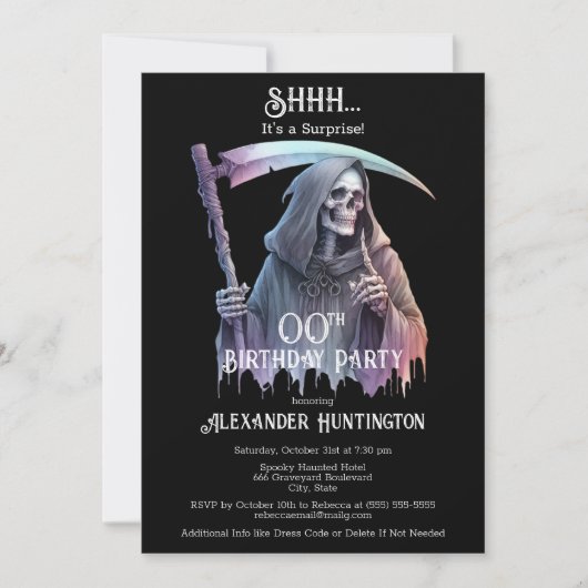 Grimmige Sensenmann überraschen jedes Alter Geburt Einladung (Vorderseite)