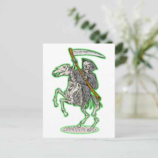grimmiger Sensenmann auf dem Pferd mit dem Schwanz Postkarte (Stehend Vorderseite)