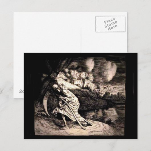 Grimmiger Sensenmann auf schwarzer Postkarte (Vorne/Hinten)