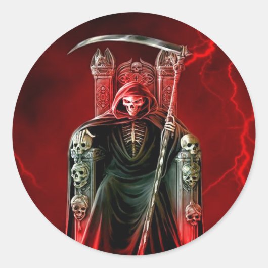 Grimmiger Sensenmann auf seinem Thron Runder Aufkleber (Vorderseite)
