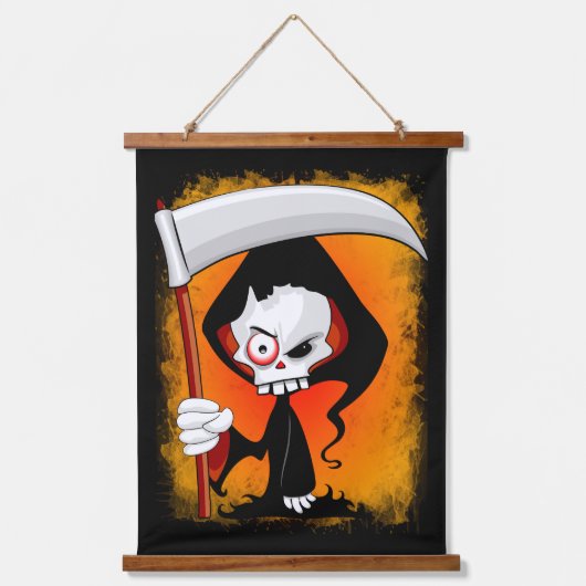 Grimmiger Sensenmann Cartoon Wandteppich Mit Holzrahmen (Vorderseite)