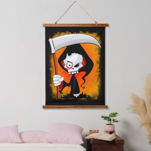 Grimmiger Sensenmann Cartoon Wandteppich Mit Holzrahmen
