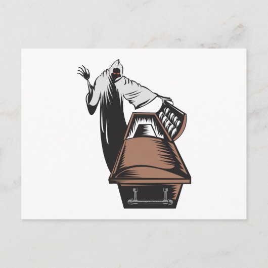 Grimmiger Sensenmann Death Coffin Retro Postkarte (Vorderseite)