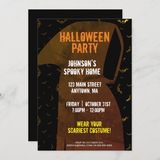 Grimmiger Sensenmann, der zu Halloween Fledermäuse Einladung (Vorne/Hinten)