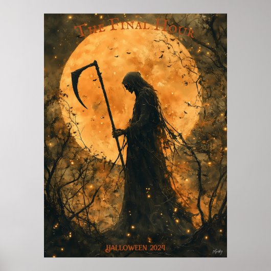 Grimmiger Sensenmann Halloween mit Vollmond und Sc Poster (Vorne)