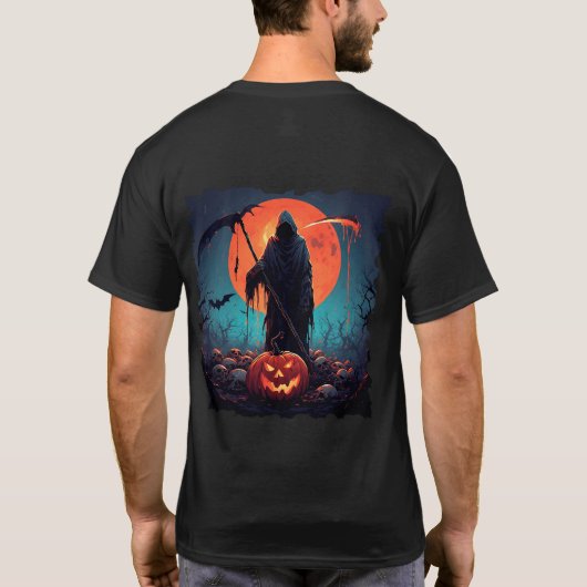 Grimmiger Sensenmann mit Halloween Pumpkin und Vol T-Shirt (Rückseite)