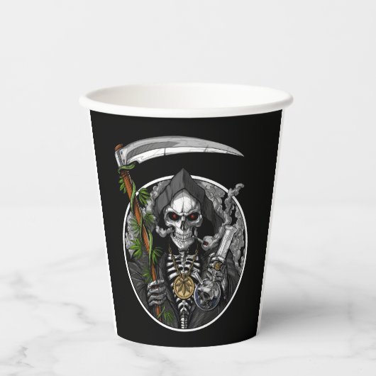 Grimmiger Sensenmann Rauchen Papiertasse Pappbecher (Vorderseite)