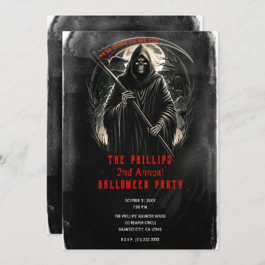 Grimmiges Sensenmann Black Grunge Halloween Kostüm Einladung (Vorne/Hinten)