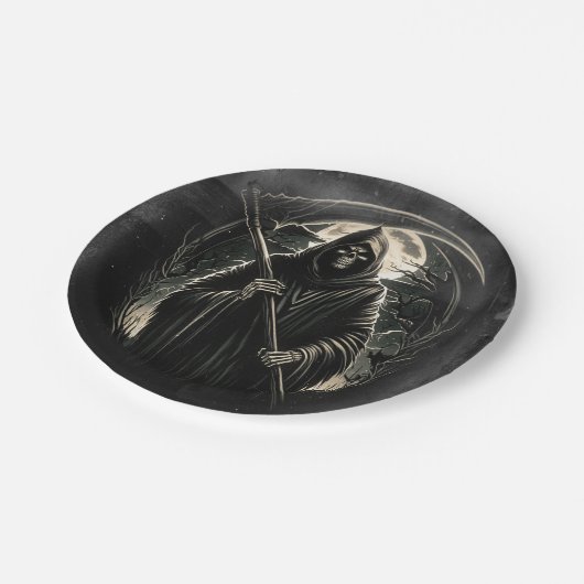 Grimmiges Sensenmann Black Grunge Halloween Kostüm Pappteller (Schrägansicht)