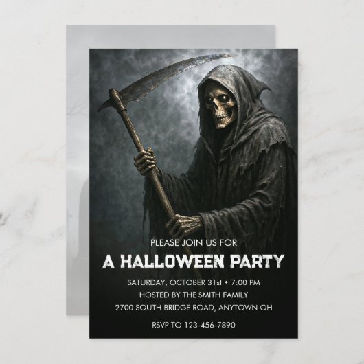 Grimmiges Sensenmann Halloween-Party Einladung (Vorne/Hinten)