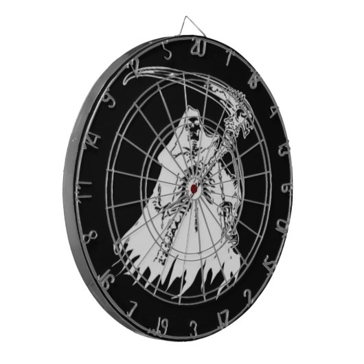 Grimmiges Sensenmann-Pfeil-Schwarzweiss-Brett Dartscheibe (Vorderseite Links)