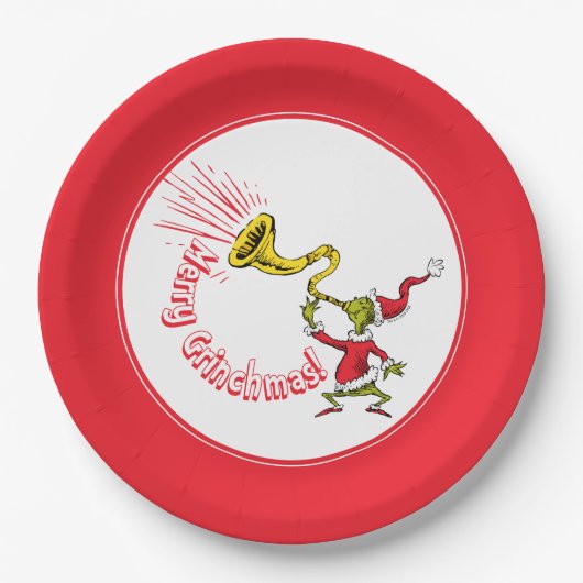 Grinch bläst das fröhliche Grinchmas-Horn Pappteller (Vorderseite)