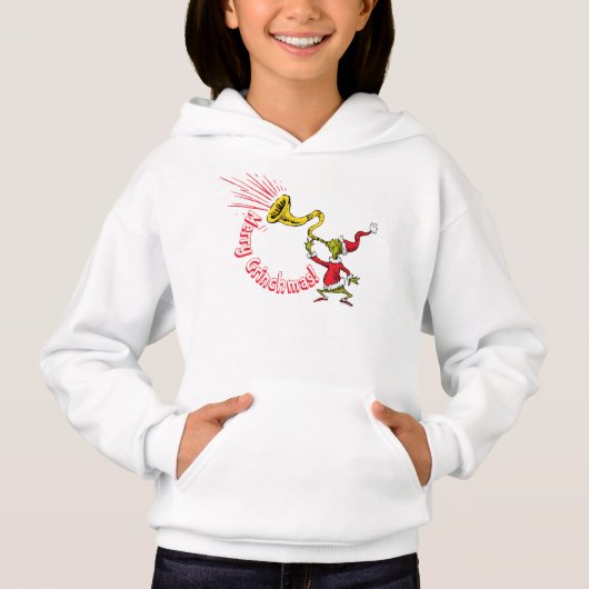 Grinch Blowing the Merry Grinchmas Horn Hoodie (Vorderseite)