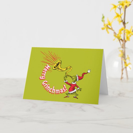 Grinch Blowing the Merry Grinchmas Horn Karte (Gelbe Blume)