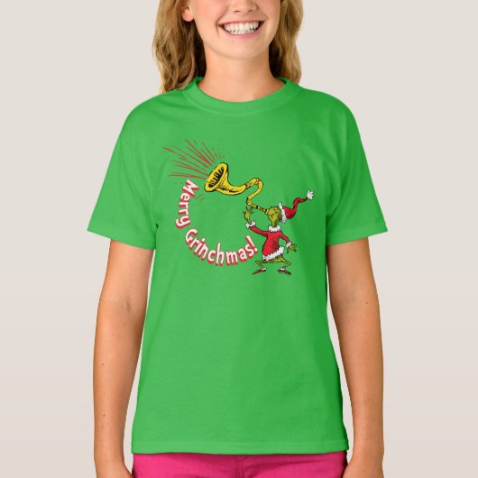 Grinch Blowing the Merry Grinchmas Horn T-Shirt (Vorderseite)