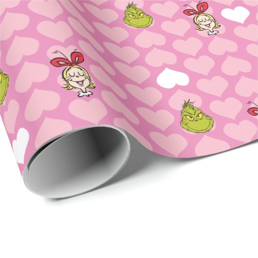 Grinch & Cindy-Lou Pink Heart Pattern Geschenkpapier (Rolleneckpunkt)