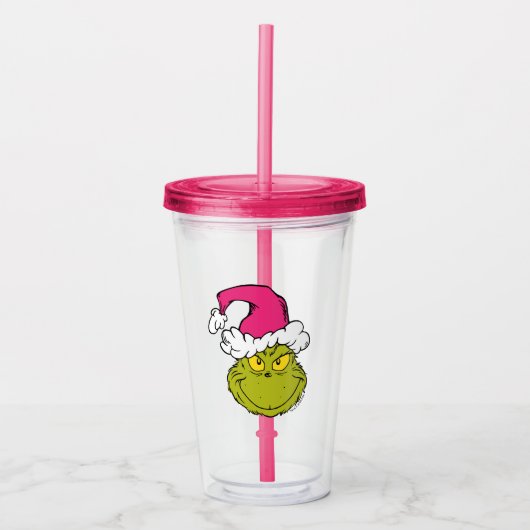 Grinch mit rosa Santa-Hut Acryltrinkbecher (Vorderseite)