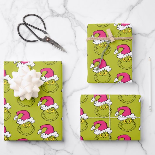 Grinch mit rosa Santa-Hut Geschenkpapier Set (Vorderseite)