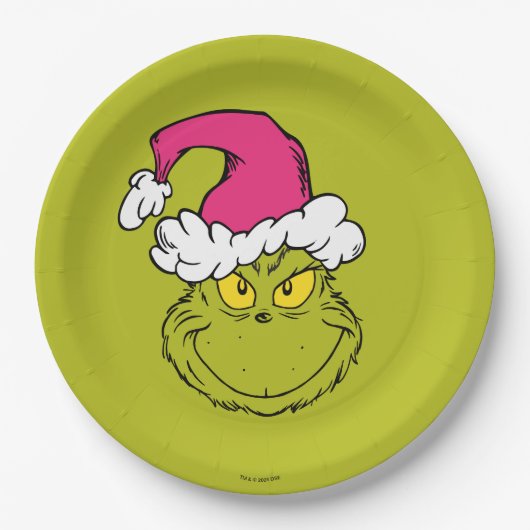 Grinch mit rosa Santa-Hut Pappteller (Vorderseite)