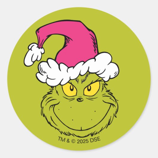 Grinch mit rosa Santa-Hut Runder Aufkleber (Vorderseite)
