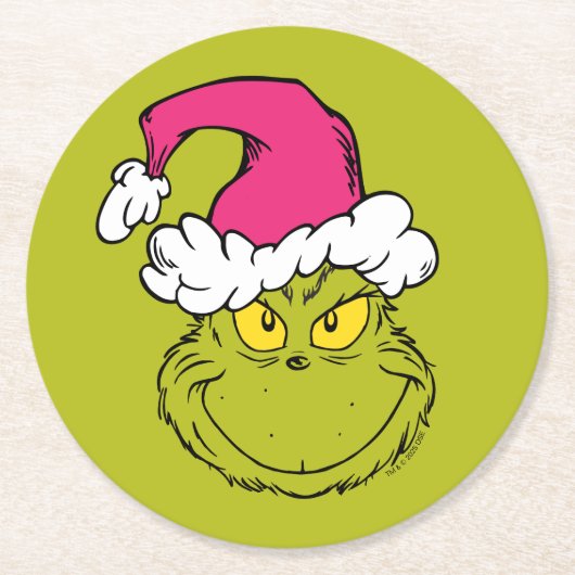 Grinch mit rosa Santa-Hut Runder Pappuntersetzer (Vorderseite)