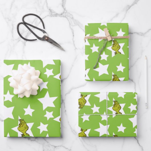 Grinch Peeking Star Pattern Geschenkpapier Set (Vorderseite)