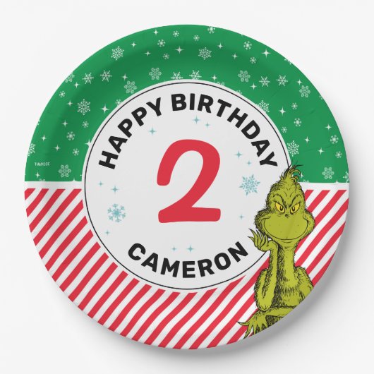 Grinch Rot und Grüne Schneeflocke Geburtstag Pappteller (Vorderseite)
