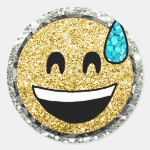 *~* Grinning Face Sweat Emoji AP40 Gold Glitzer C Runder Aufkleber