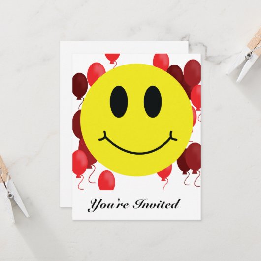 Grinning Smile Emoji mit Red Balloons Einladung (Vorderseite/Rückseite Beispiel)