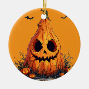 Grinsender Kürbis mit einem gruseligen Ausdruck Keramik Ornament