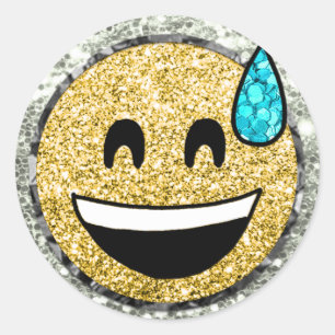 *~* Grinsendes Gesicht Schweiß Emoji AP40 Gold Gli Runder Aufkleber
