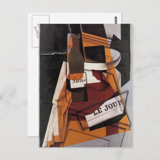 Gris - Flasche, Zeitung und Fruchtschale Postkarte (Vorne/Hinten)